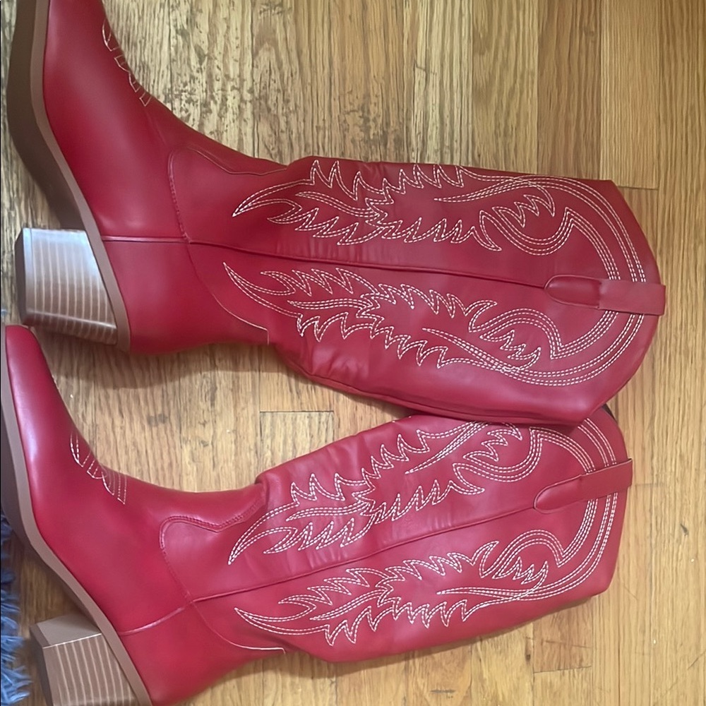 SHEIN Red Heeled Boots with Decorative Stitching